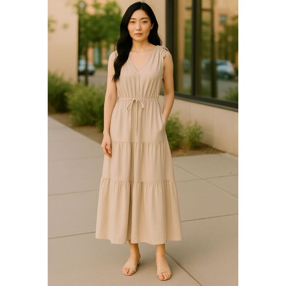 Calvin Klein Commuter Sleeveless Tan Tiered Maxi Dress Size 4 NWTxi Dress - Picture 1 of 6